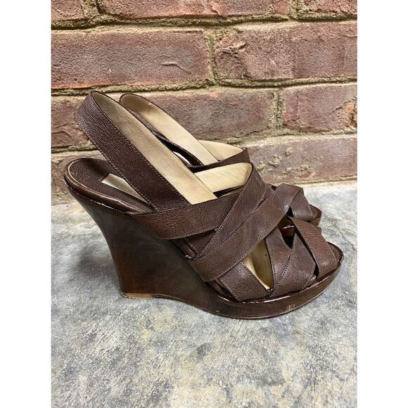 Michael Kors Brown Leather Strappy Platform Wedge Sandal Size 7 - Picture 2 of 11